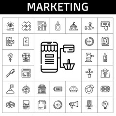 Poster - marketing icon set. line icon style. marketing related icons such as megaphone, tent, online shopping, shop, mail, idea, pie, perfume, auction, supermarket, percentage, fishbone