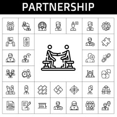Poster - partnership icon set. line icon style. partnership related icons such as agreement, contract, link, team, employee, users, newtons cradle, teamwork, add user, puzzle, crowdfunding