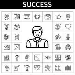 Poster - success icon set. line icon style. success related icons such as next, dice, newton, startup, negotiation, fishbone, bar chart, medal, man, trophy, brainstorming, laurel