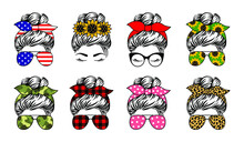 Messy Bun Set Designs. Mom Life Vecto Print. A Collection Of Female Faces In Aviator Sunglasses And Bandanas With Various Themed Patterns.