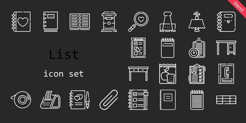 Poster - list icon set. line icon style. list related icons such as paper clip, notepad, checklist, list, clipboard, meal, diary, phone book, guests book, mailbox, hay bale, receipt, magnifying glass, table