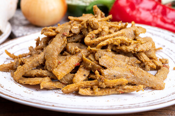 Vegetarian Shawarma meat imitation made from grains, soybeans, vegetables and legumes