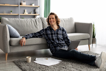 Poster - Successful Freelancer Man Posing With Laptop Working Online From Home