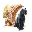 Black panther or jaguar on the  background of exotic plants and oriental architecture,  Watercolor hand drawn illustration