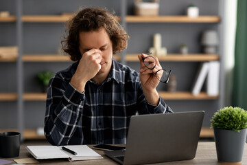 Poster - Businessman Having Sore Eyes After Work At Computer In Office