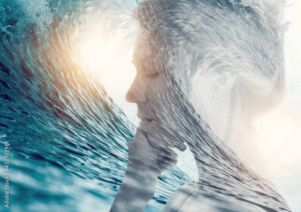 Double exposure woman portrait. Ocean waves, Dreams, Emotions, Soul, Inner Word . Connection with force of nature concept - obrazy, fototapety, plakaty 