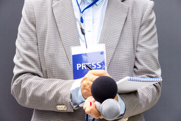 Wall Mural - Female journalist at news conference or media event, writing notes, holding microphone. Broadcast journalism concept.