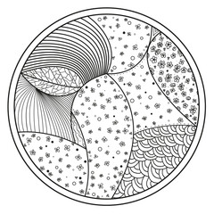 Wall Mural - Zendala. Zentangle. Hand drawn circle mandala with abstract patterns on isolation background. Design for spiritual relaxation for adults. Line art creation. Black and white illustration for coloring.