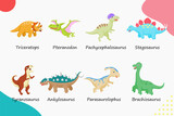 Fototapeta Dinusie - Set of cute 8 dinosaurs for children and kids. Flat design cartoon vector illustration style.
