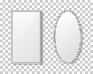 Poster - Mirror with frame. Surface of glass with reflection. Mockup of round, oval and rectangle mirror with shadow, reflect. Silver texture isolated on transparent background. Decoration of interior. Vector
