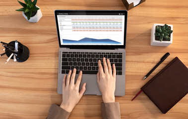 Aufkleber - Unrecognizable woman working on laptop, analysing stocks and markets