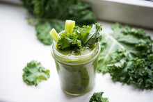 Green Detox Cocktail With Cale Salad, Vegetarian Healthy Smoothie In A Jar