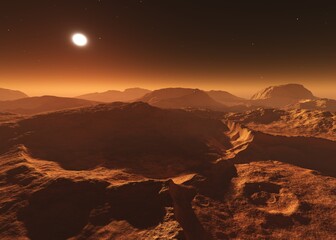 Wall Mural - alien surface of the planet at sunrise, martian sunset, mars at sunset, sunrise on mars, 3d renderin