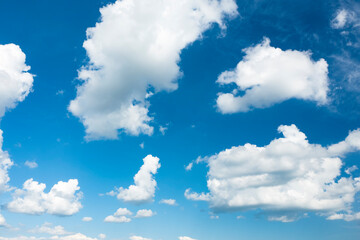 Stunning view of a blue sky with some fluffy clouds. Aerial shoot, natural background with copy space.