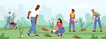 Reforestation, Nature And Ecology Concept. World Environment Day, Characters Planting Seedlings And Growing Trees