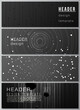 Vector layout of headers, banner design templates for website footer design, horizontal flyer, website header backgrounds. Tech science future background, space design astronomy concept.