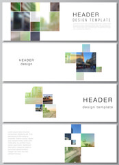 Wall Mural - Vector layout of headers, banner design templates for website footer design, horizontal flyer design, website header backgrounds. Abstract project with clipping mask green squares for your photo.