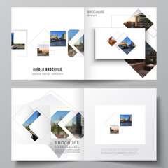 Vector layout of two covers templates with geometric simple shapes, lines and photo place for square design bifold brochure, flyer, magazine, cover design, book, brochure cover.