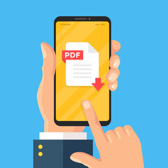 Leinwandbilder - PDF document on mobile phone screen. Download PDF file concepts. Hand holds smartphone with document and download arrow. Modern flat design. Vector illustration