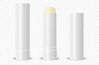 Vector Realistic 3d White Blank Glossy Closed, Opened Lip Balm Stick, Hygienic Lipstick Set Closeup Isolated. Design template for graphics, Vector mockup. Cosmetic, Beauty, Makeup Concept. Front View