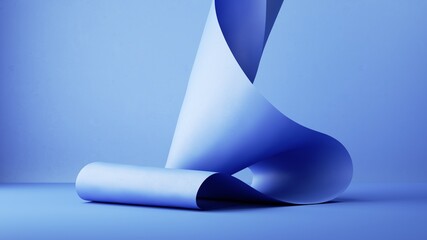 3d render, abstract background with blue folded ribbon, paper scroll macro