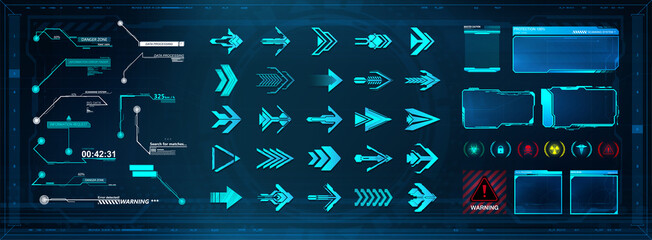Wall Mural - Futuristic User Elements set. HUD callouts titles, Arrows and frame screens. Digital GUI, HUD and UI elements set. Callout bar labels, hi-tech boards and holograms. Digital info boxes template. Vector