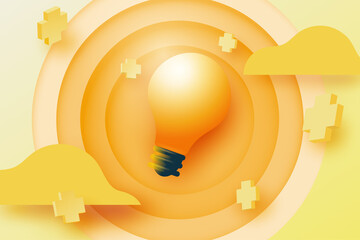 Poster - Creativity concept.Light bulb with cloud and plus sign on yellow background.Concept of positive thinking ideas.Website Landing page.