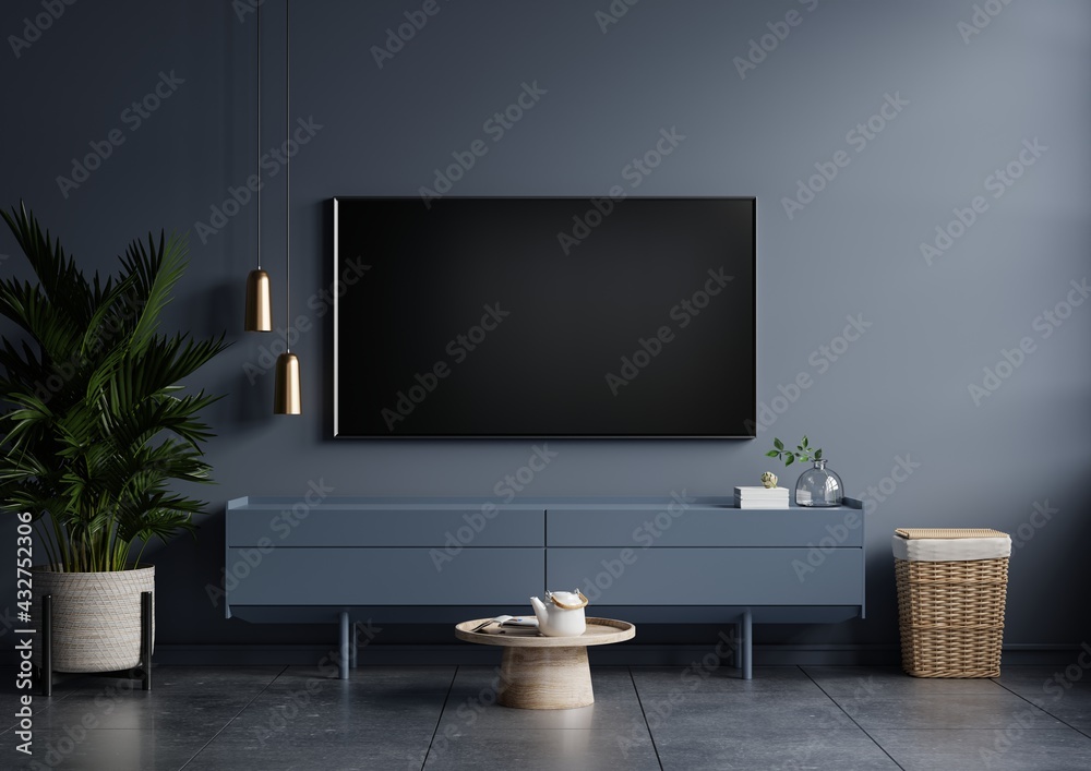 Modern interior of living room with tv on the cabinet on dark blue wall ...