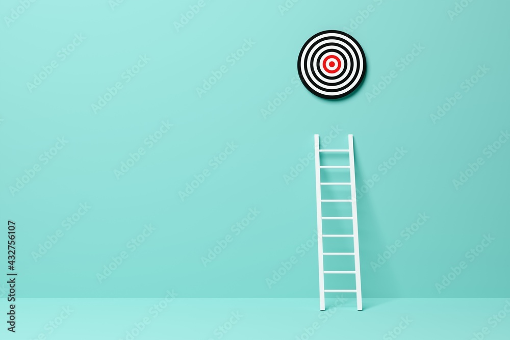 Ladder leading to goal target in blue room background, achievement, career goal or success concept - obrazy, fototapety, plakaty 