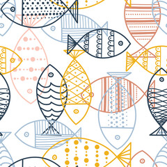  Cute line fish. Vector seamless pattern. Endless pattern can be used for ceramic tile, wallpaper, linoleum, textile, web page background