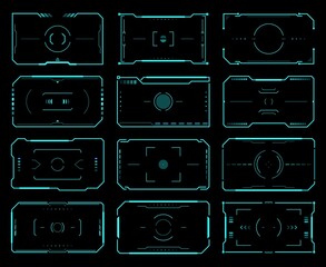 Aufkleber - HUD target frames, aim control, ski fi UI interface. Vector futuristic military optical aiming, spaceship crosshair. Modern techno screen elements, collimator sight, gun targets focus range indication