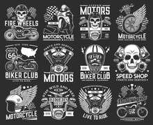 Biker Club Skull Emblems, Motorcycle Races And Speedway Sport Rides, Vector Icons. New York Biker Club Route And Custom Chopper Garage Emblem, Helmet On Wing And Moto Parts Shop Or Engine Service Sign