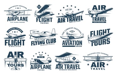 Wall Mural - Vintage plane isolated vector icons of air travel, retro aircraft and passenger airline design. Airplane, biplane, monoplane and seaplane symbols with propellers, pilot control wheels and stars