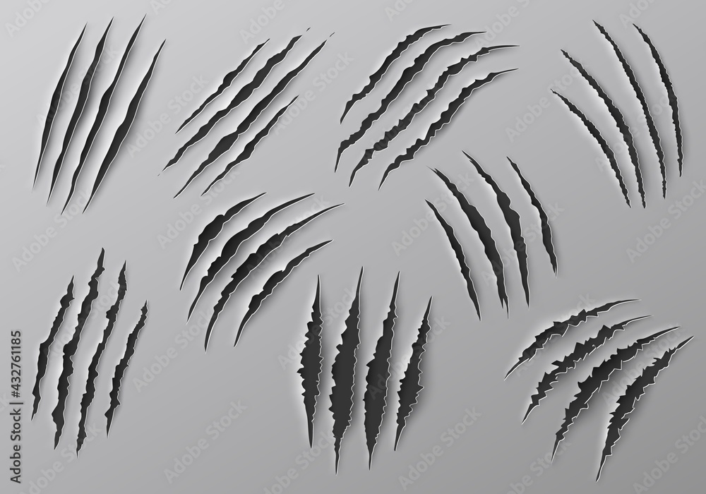 Claw marks, scratches and torn traces of vector animal paw slashes. Monster claw marks of wild tiger, lion, cat or bear attacks, dinosaur or werewolf aggressive traces, Halloween or horror themes - obrazy, fototapety, plakaty 