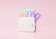Cashback in wallet icon concept with Banknotes coins credit card Finance saving online Payment investment on isolated pink background illustration. 3d render