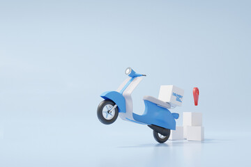 Poster - Food Delivery motorcycle scooter blue concept. on Model road home and office shipping. service express trunking on soft blue background. copy space for text, banner, website 3D rendering