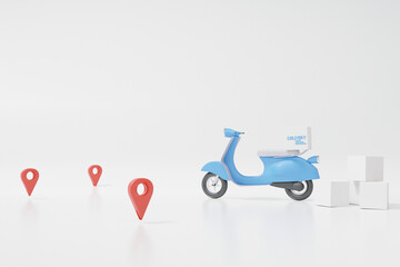 Poster - Delivery motorcycle scooter fast speed concept. on Model road home and office shipping. pointer map service express trunking on white background. copy space for text, banner, 3D rendering