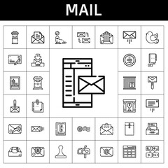 Poster - mail icon set. line icon style. mail related icons such as pigeon, mail, seal, stamp, crate, message, mailing, phone book, envelope, mailbox, web, postcard, contact, letterbox