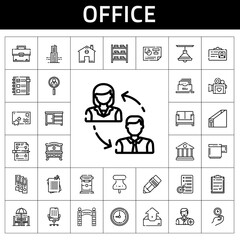 Poster - office icon set. line icon style. office related icons such as notes, wall clock, filing cabinet, clipboard, building, bank, postcard, pen, binder, entrance, chest of drawers, pushpin