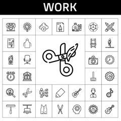 Poster - work icon set. line icon style. work related icons such as modeling, apron, wall clock, stretching, research, skills, bank, file, shears, pencils, options, window cleaner, businessman