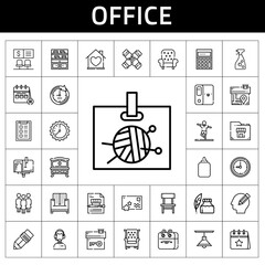 Fototapete - office icon set. line icon style. office related icons such as glue, customer service, ink pen, wall clock, stretching, house, bank, armchair, postcard, pen, window cleaner, chest of drawers