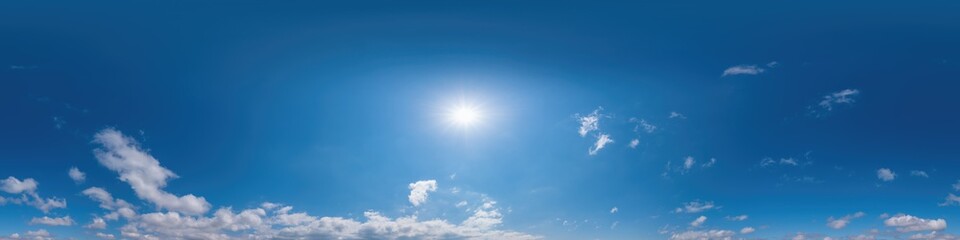 Wall Mural - Blue sky panorama with Cirrus clouds in Seamless spherical equirectangular format. Full zenith for use in 3D graphics, game and editing aerial drone 360 degree panoramas for sky replacement.