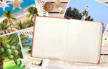 Sticker - Vintage travel background with retro photos and old book