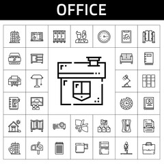 Poster - office icon set. line icon style. office related icons such as shredder, notepad, wall clock, sketchbook, stretching, laptop, house, locker, building, projector, sharpener