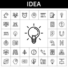 Poster - idea icon set. line icon style. idea related icons such as alarm clock, goal, idea, bulb, graphic design, lamp, telephone, ideas, team, menu, thinking, magnet, creative, newtons cradle