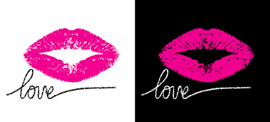 Lips with word love for t shirt printing. Fashion icon. Pink kiss on white and black background. Lipstick pattern hand drawn for design romance prints. Imprint trace makeup. Write word love. Vector 