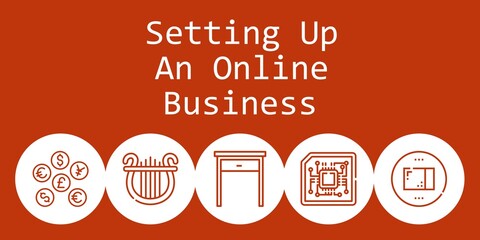 Sticker - setting up an online business background concept with setting up an online business icons. Icons related lyre, package, coins, cpu, table