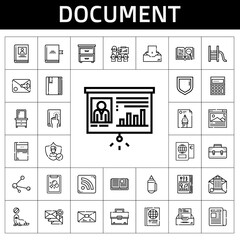 Poster - document icon set. line icon style. document related icons such as newspaper, insurance, mail, briefcase, book, seal, drawer, calculating, biography, sketchbook, pencil