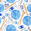 Watercolor pattern knitting tools seamless, repeating pattern. Wooden knitting needles, crochet hook, skeins of woolen yarn, button, pin, scissors. Design for fabric, wallpaper, wrapping paper.