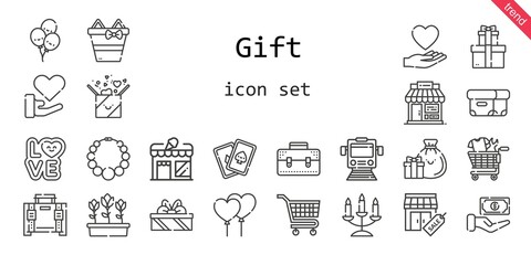 Fototapete - gift icon set. line icon style. gift related icons such as love, gift, shop, cards, balloons, briefcase, stores, box, necklace, store, carts, tulips, candelabra, shopping cart, cash, train, gifts,